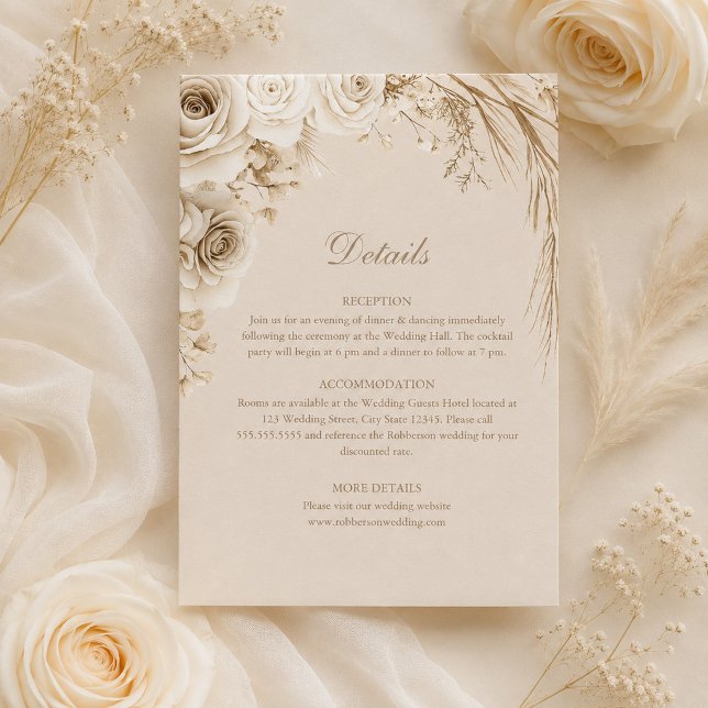 Carte de détails de mariage aux fleurs séchées bei (Beige Dried Flowers Wedding Details Card with ivory roses)