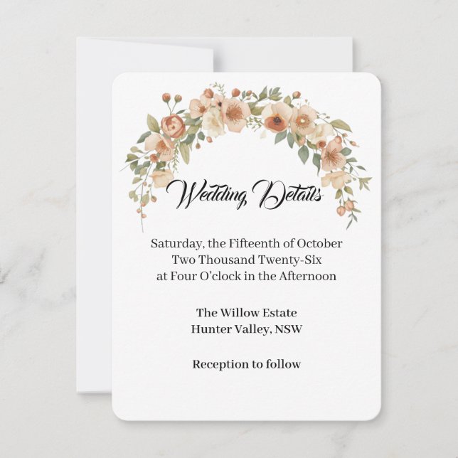 Carte de détails de mariage avec arche florale rom (Devant)