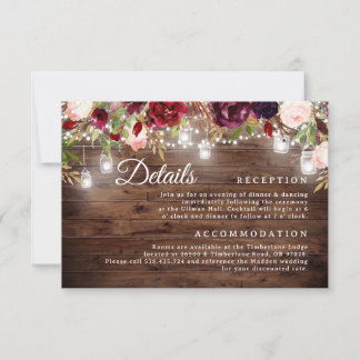 Carte de détails de mariage avec guirlande lumineu