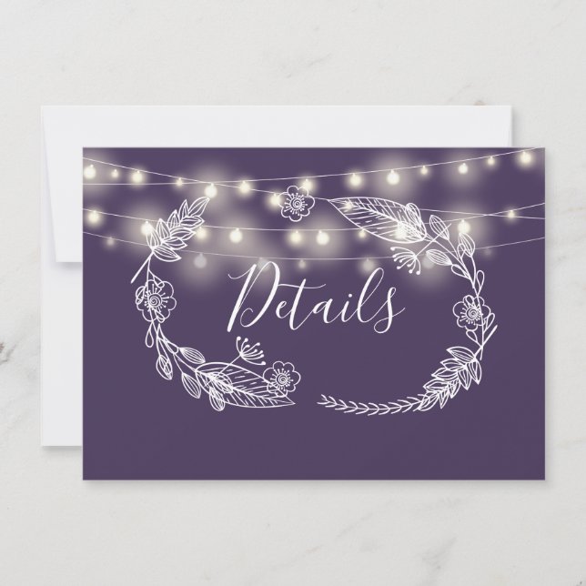 Carte de détails de mariage avec guirlandes violet (Devant)
