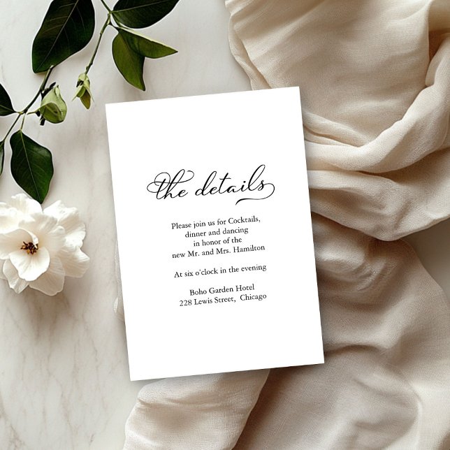 Carte de détails de mariage avec script noir et bl (Créateur téléchargé)