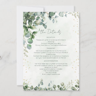 Carte de détails de mariage avec verdure d'eucalyp
