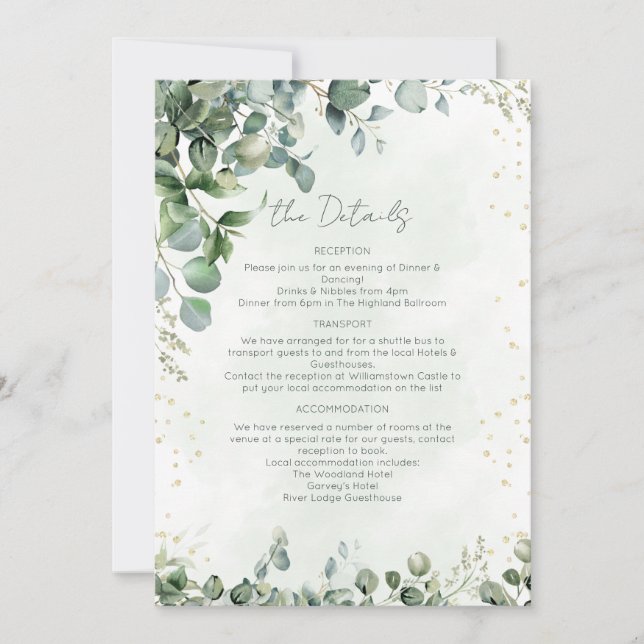 Carte de détails de mariage avec verdure d'eucalyp (Devant)