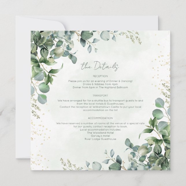 Carte de détails de mariage avec verdure d'eucalyp (Devant)