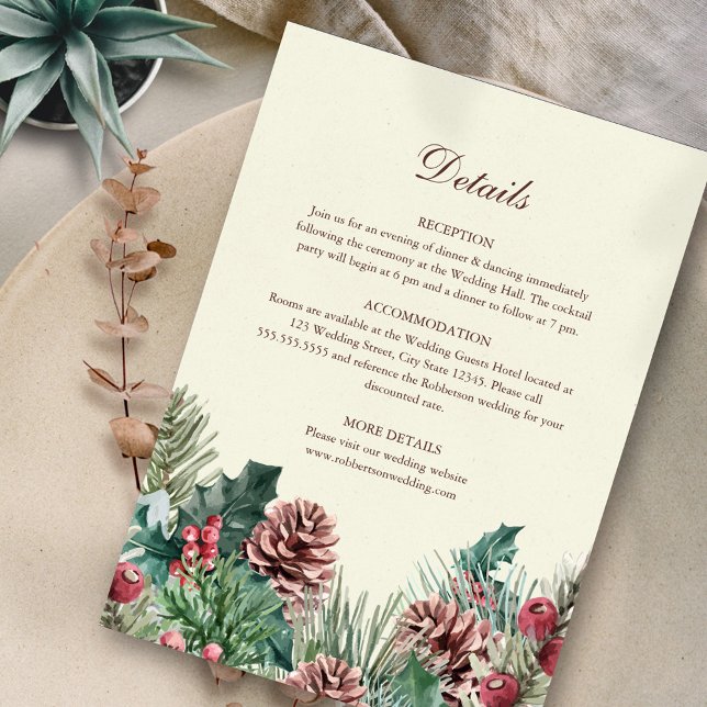 Carte de détails de mariage avec verdure hivernale (Winter Evergreen Elegance Wedding Details on neutral background.)