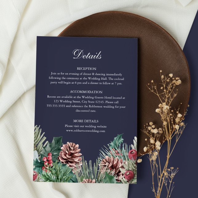 Carte de détails de mariage avec verdure hivernale (Midnight Blue Winter Wedding Details Card on white and rustic brown background)