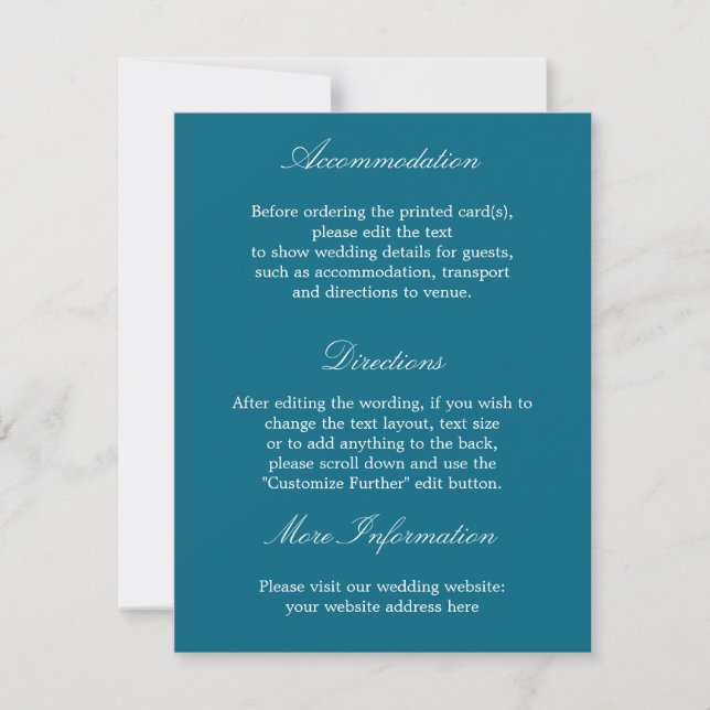 Carte de détails de mariage bleu turquoise profond (Devant)