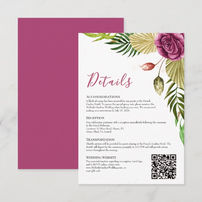 Carte de détails de mariage Boho Botanical Crimson (Devant / Derrière)