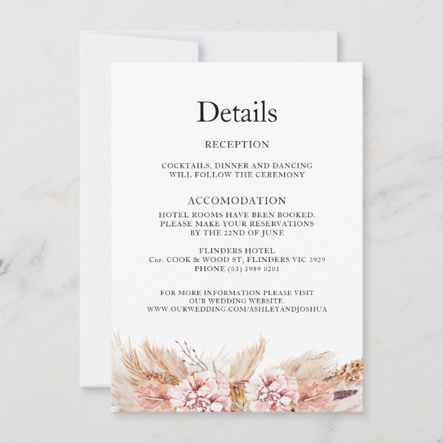 Carte de détails de mariage Boho Floral Blush Pamp (Devant)