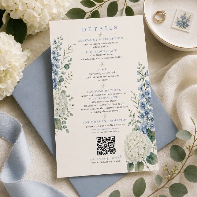 Carte de détails de mariage botanique bleu doux (Créateur téléchargé)