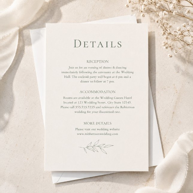 Carte de détails de mariage botanique moderne Sage (Modern Sage Botanical Wedding Details Card on an elegant table with tiny white flowers)