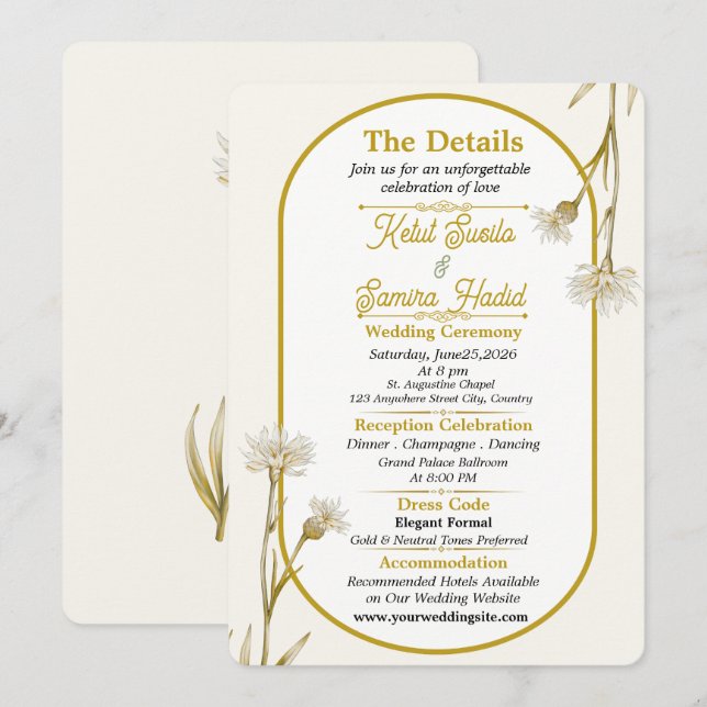 Carte de détails de mariage botanique or minimalis (Devant / Derrière)