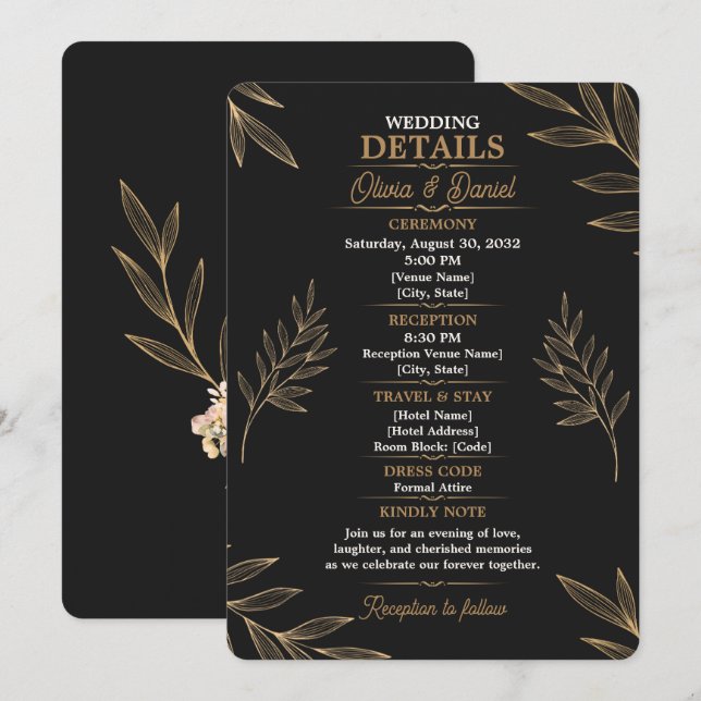 Carte de détails de mariage botanique Or Noir modi (Devant / Derrière)