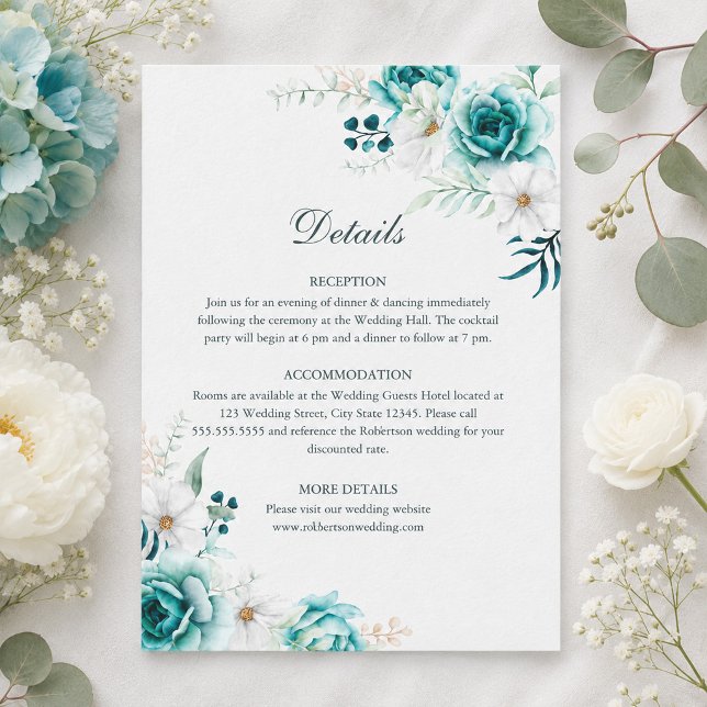 Carte de détails de mariage botanique sarcelle (Teal Botanical Wedding Details Card)