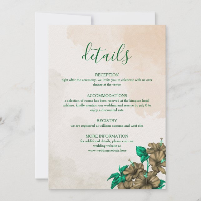 Carte de détails de mariage botanique vert (Devant)