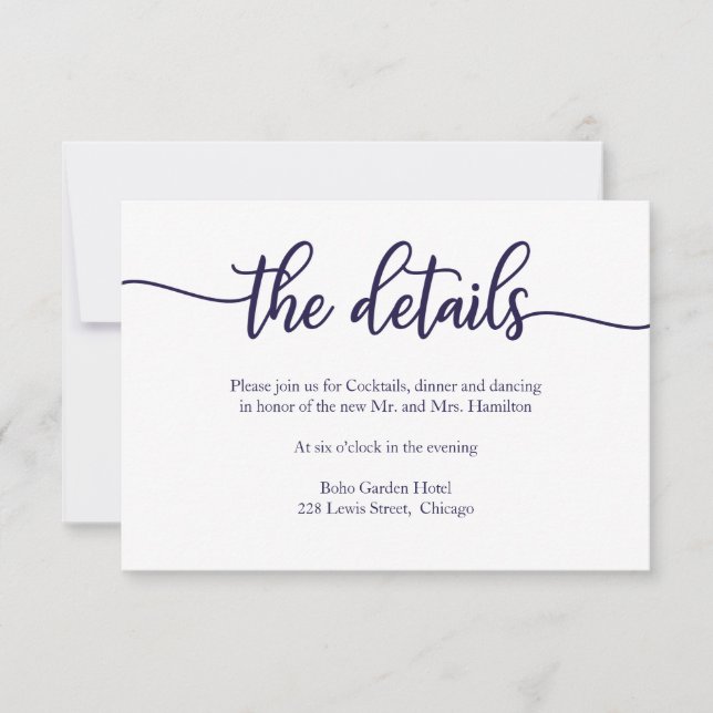 Carte de détails de mariage calligraphiée bleu mar (Devant)