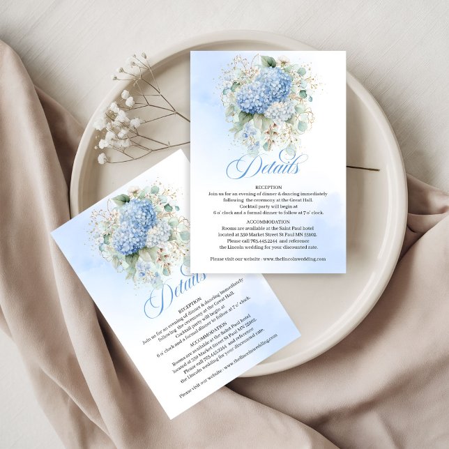 Carte de détails de mariage charmante avec Hydrang (Charming Blue Hydrangea Wedding details card)