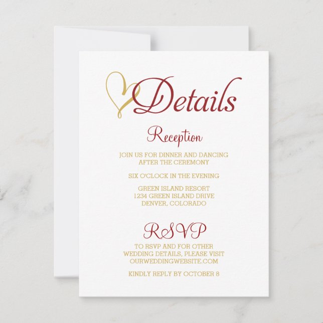 Carte de détails de mariage Claret Gold Heart (Devant)