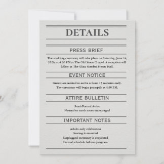 Carte de détails de mariage de style journalistiqu