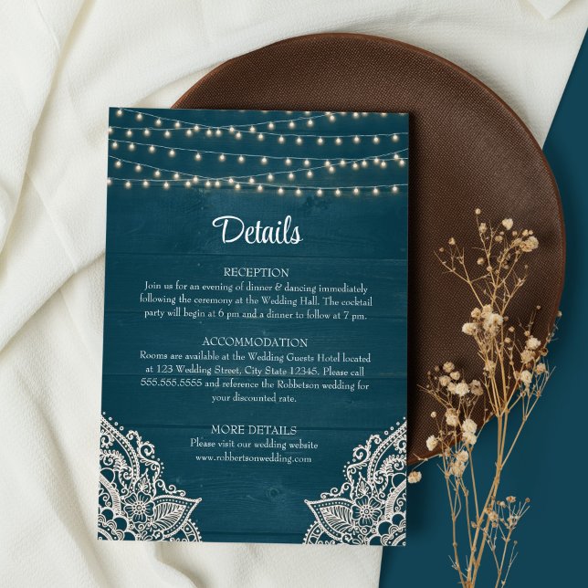 Carte de détails de mariage Élégance Rustique Sarc (Dark Teal Wedding Details on brown and white background with dry wildflower)