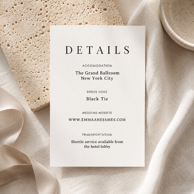 Carte de détails de mariage Elegant Script + Serif (Elegant luxury wedding details card with timeless editorial styling.)