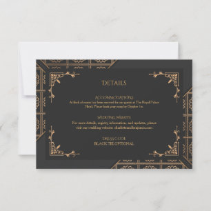 Carte de détails de mariage élégante en noir et or