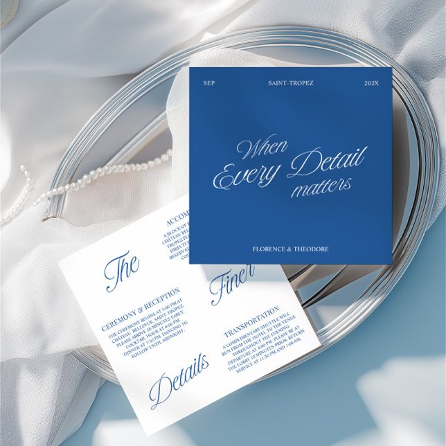 Carte de détails de mariage élégante et moderne bl (Modern Elegant Blue & White Wedding Details Card)