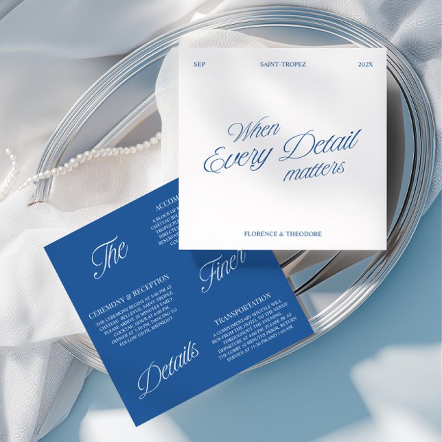 Carte de détails de mariage élégante et moderne bl (Modern Elegant Blue & White Wedding Details Card)