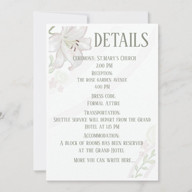 Carte de détails de mariage Élégante Lys Blanc Bot (Devant)