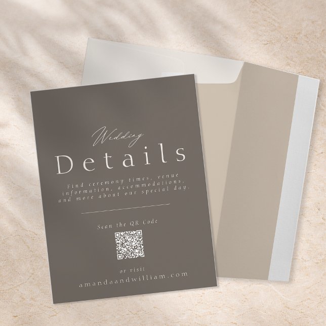 Carte de détails de mariage élégante Taupe avec QR (Créateur téléchargé)