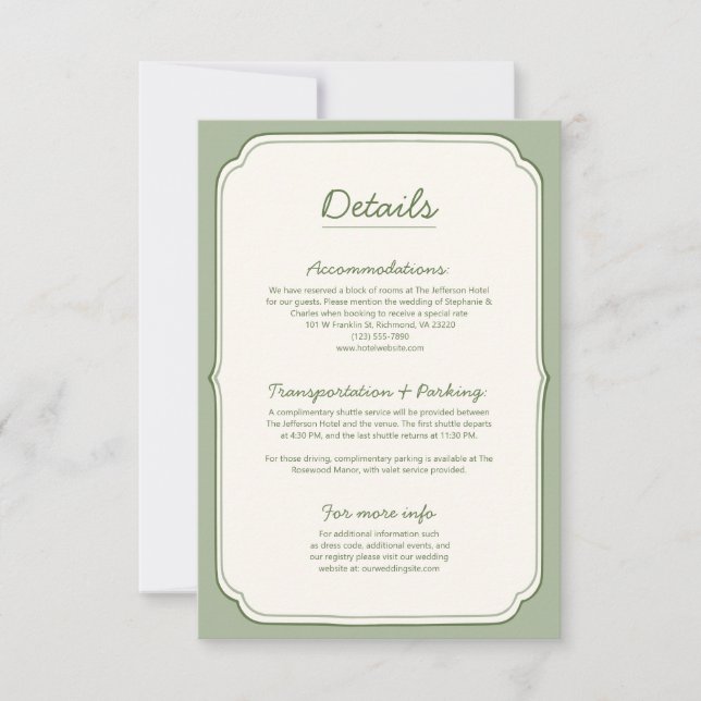 Carte de détails de mariage élégante vert sauge (Devant)