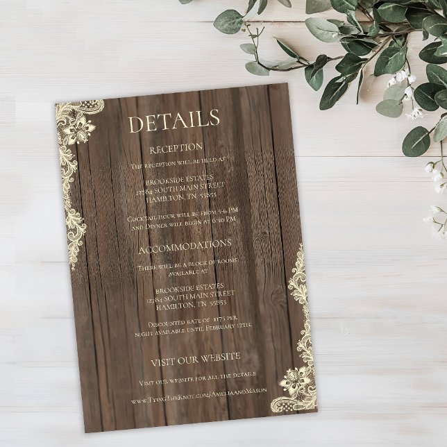Carte de détails de mariage en bois rustique avec  (Rustic Wood Lace Wedding Details Enclosure Card)