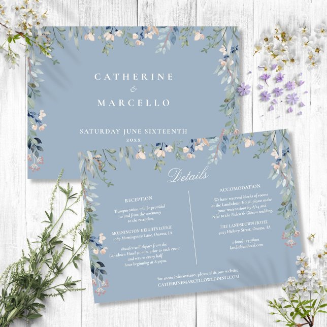 Carte de détails de mariage en cascade florale ble (Dusty Blue Floral Cascade Wedding Details Card)