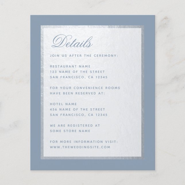 Carte de détails de mariage en faux argent et bleu (Devant)