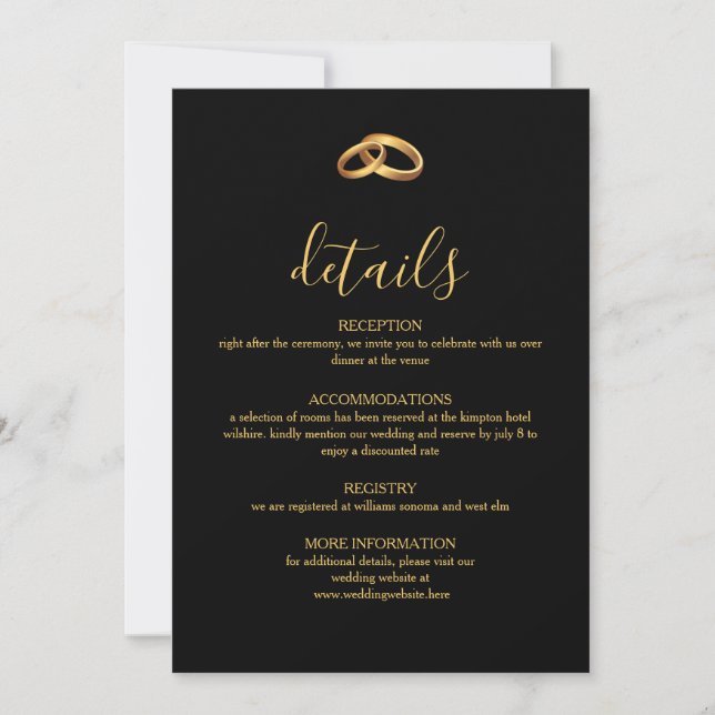 Carte de détails de mariage en or noir (Devant)