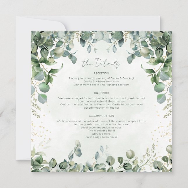 Carte de détails de mariage Eucalyptus Carré 1001A (Devant)