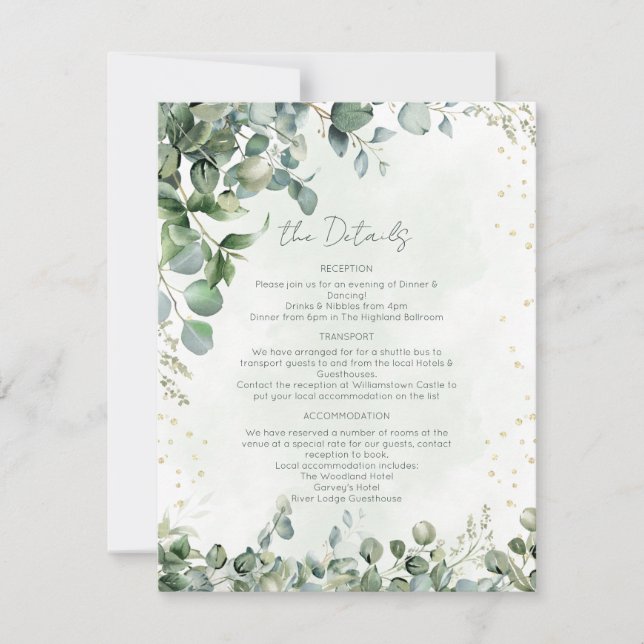 Carte de détails de mariage Eucalyptus Vert & Or 1 (Devant)