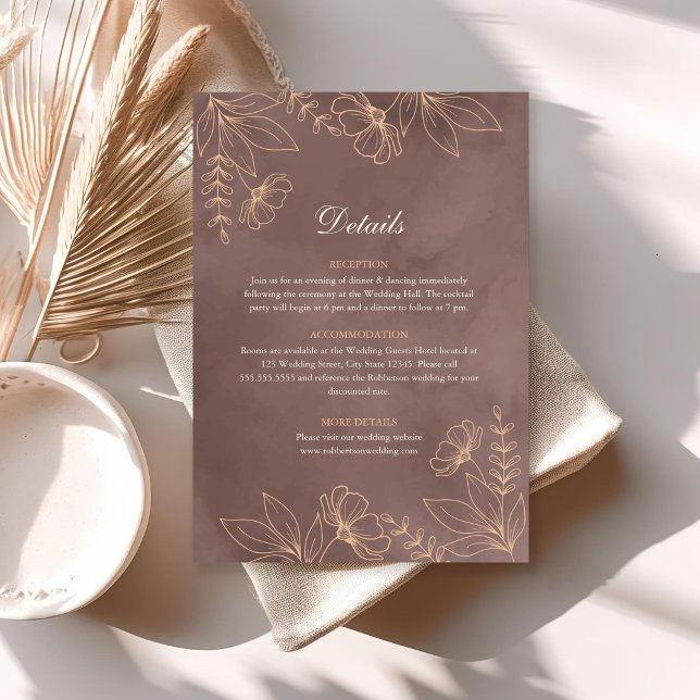 Carte de détails de mariage Fleur de Terracotta Wi (Terracotta Wildflower Blossom Wedding Details Card on a sunny boho table.)