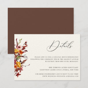 Carte de détails de mariage floral à feuillage aut