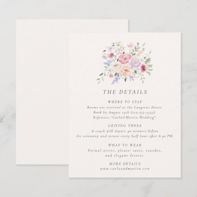 Carte de détails de mariage floral aquarelle paste (Devant / Derrière)