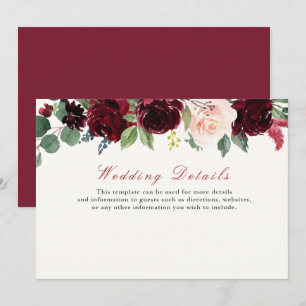 carte de détails de mariage floral bordeaux