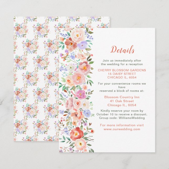 Carte de détails de mariage floral de printemps (Devant / Derrière)