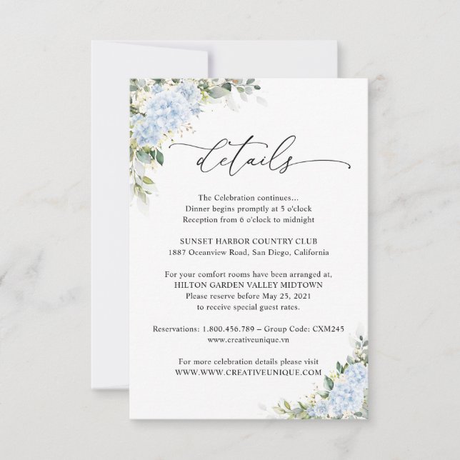 Carte de détails de mariage floral Hydrange Bleu (Devant)