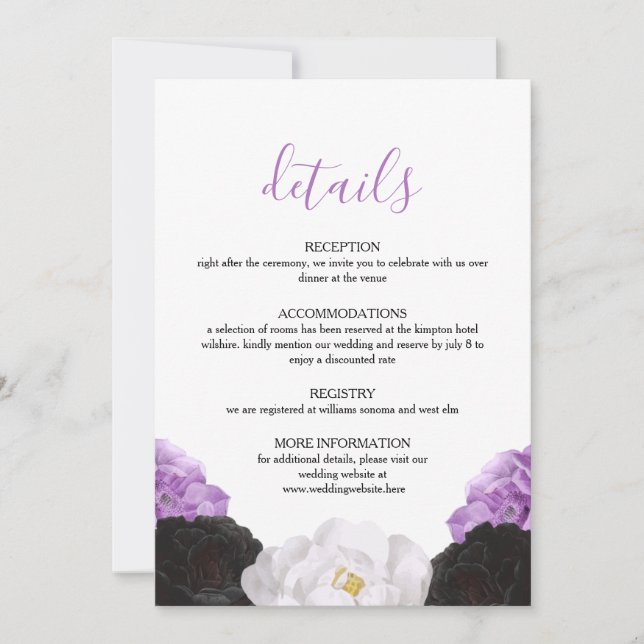 Carte de détails de mariage floral lavande (Devant)