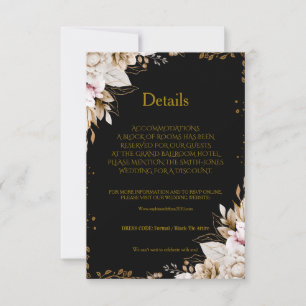 Carte de détails de mariage floral noir et or élég