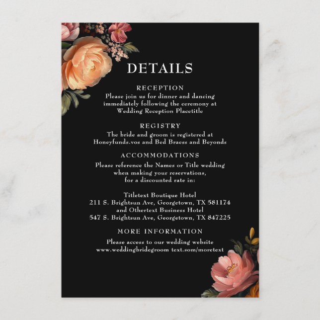 Carte de détails de mariage floral noir humeur (Devant)
