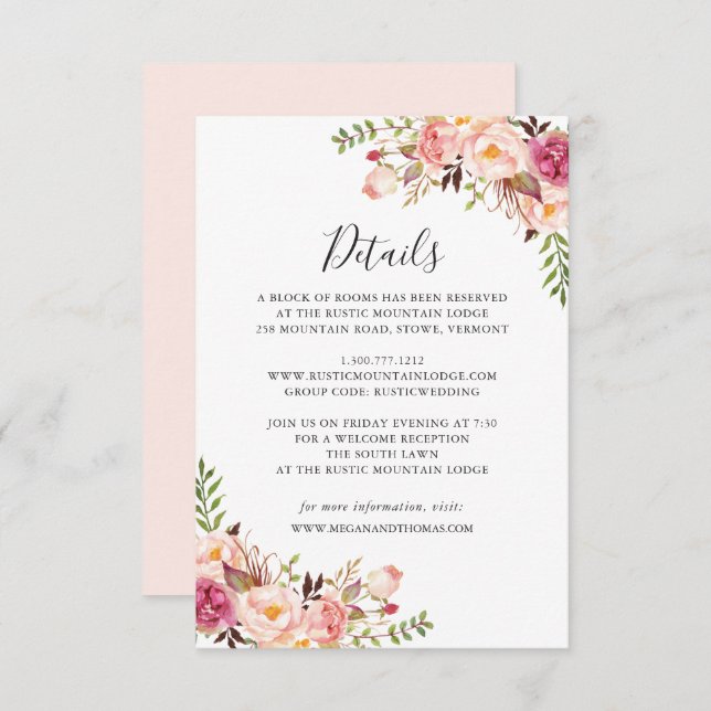 Carte de détails de mariage floral rose (Devant / Derrière)