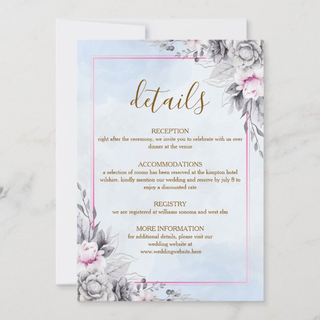 Carte de détails de mariage floral rose (Devant)