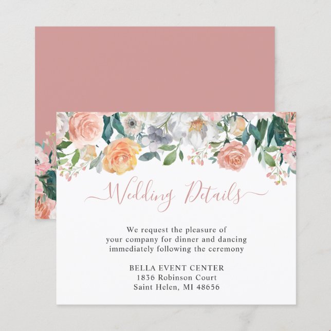 Carte de détails de mariage floral rose poussiéreu (Devant / Derrière)