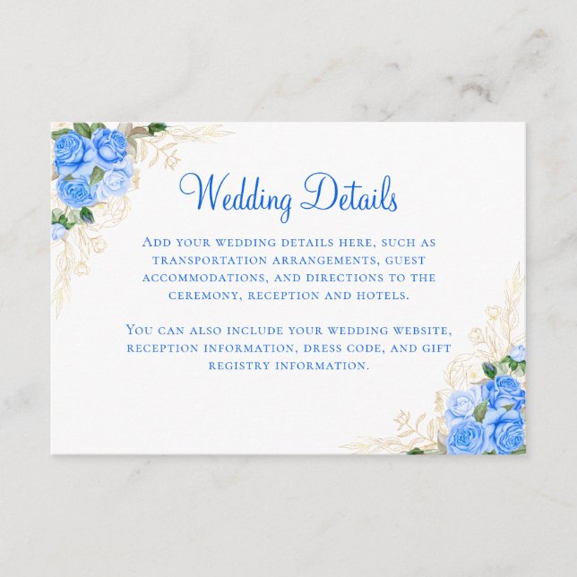 Carte de détails de mariage floral Roses bleues Or (Devant)